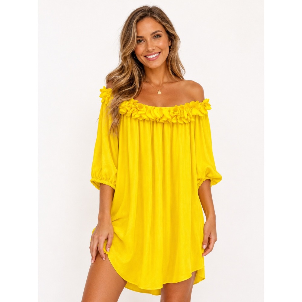 Trina Turk Size Small Gateway Dress Yellow Ruffle Off Shoulder Mini Georgette